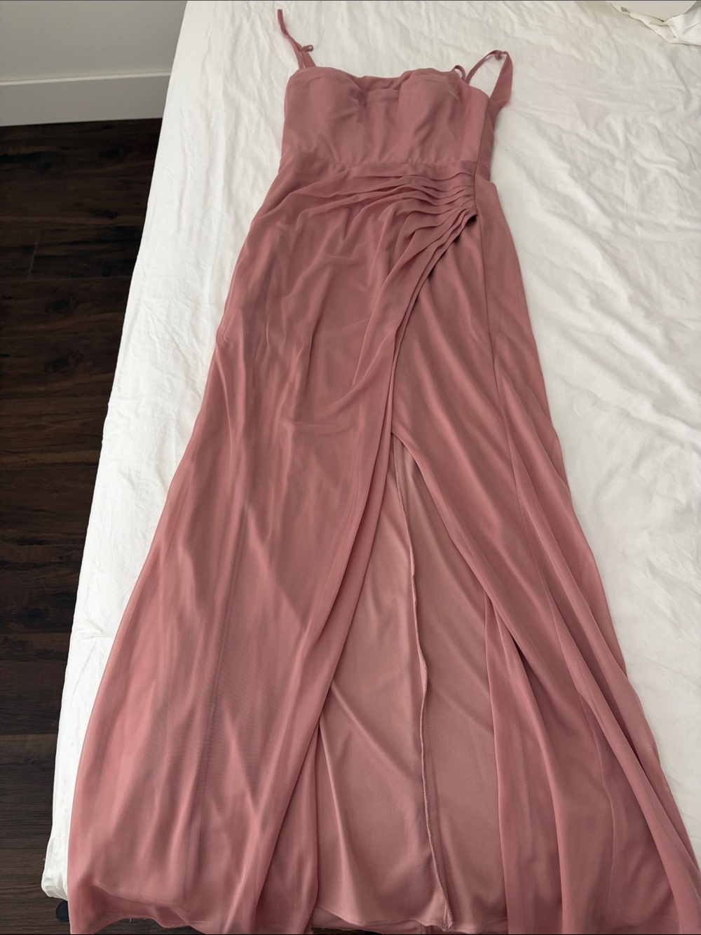 Azazie Mauve Pink Strap Dress with Ruched Side Detail